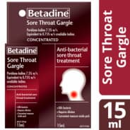 Betadine Sore Throat Gargle Concentrate 15mL - 9300655056812 are sold at Cincotta Discount Chemist. Buy online or shop in-store.